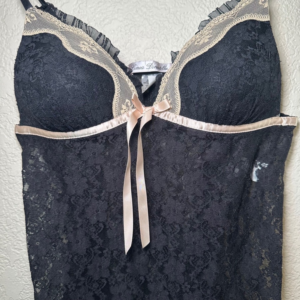 Linea Donatella Size S Chemise Babydoll Top Sheer Black Lace Bow Pads Whimsigoth